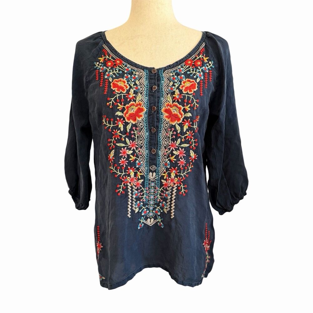 Johnny Was Olivia Floral Embroidered Top S PS Boho Hippie Indie Festival Bird
